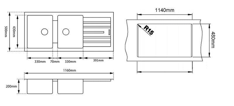 Anamalous Double Bowl Sink With Drainboard Matte Black