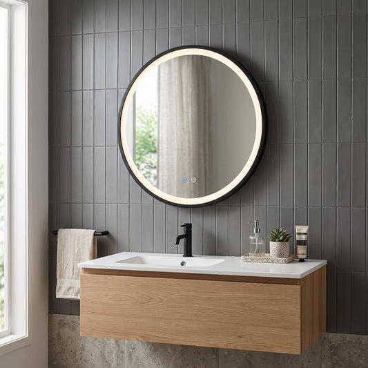 Aura Round Framed Matte Black Mirror