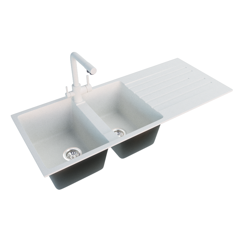 Anamalous Double Bowl Sink With Drainboard Matte White