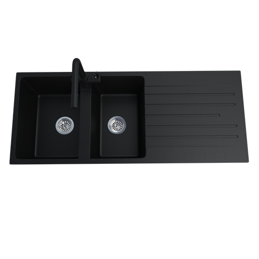 Anamalous Double Bowl Sink With Drainboard Matte Black