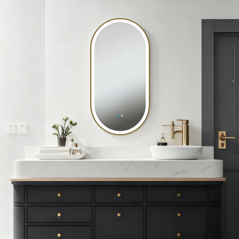 Aura Pill Framed Brushed Gold Mirror