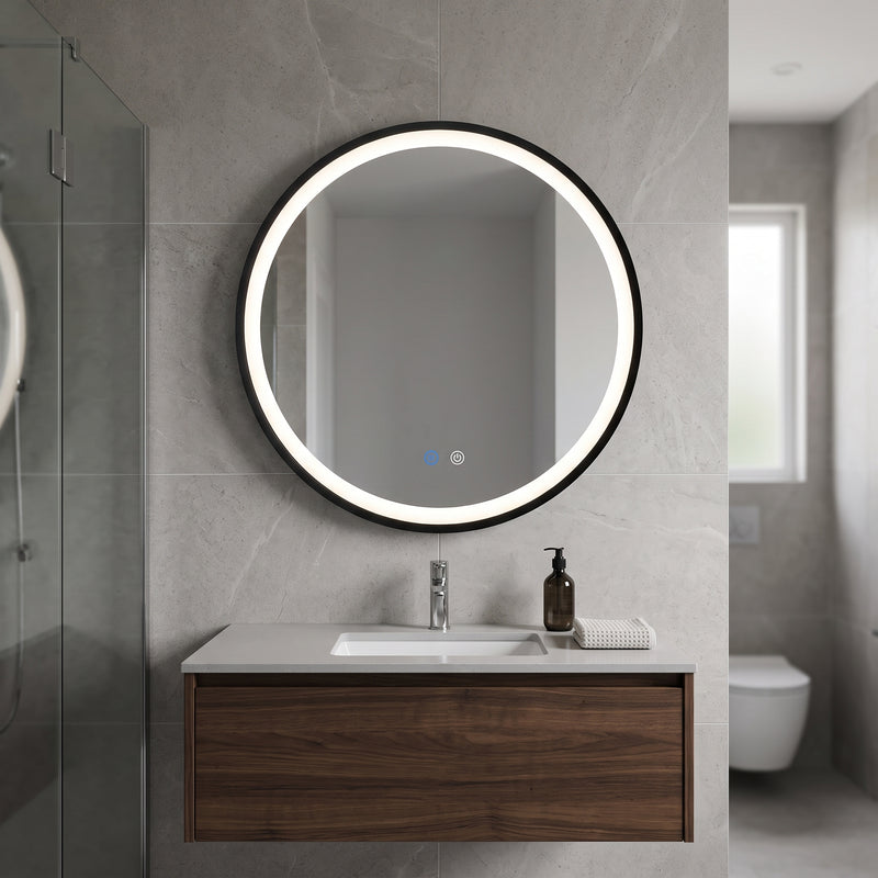 Aura Round Framed Matte Black Mirror