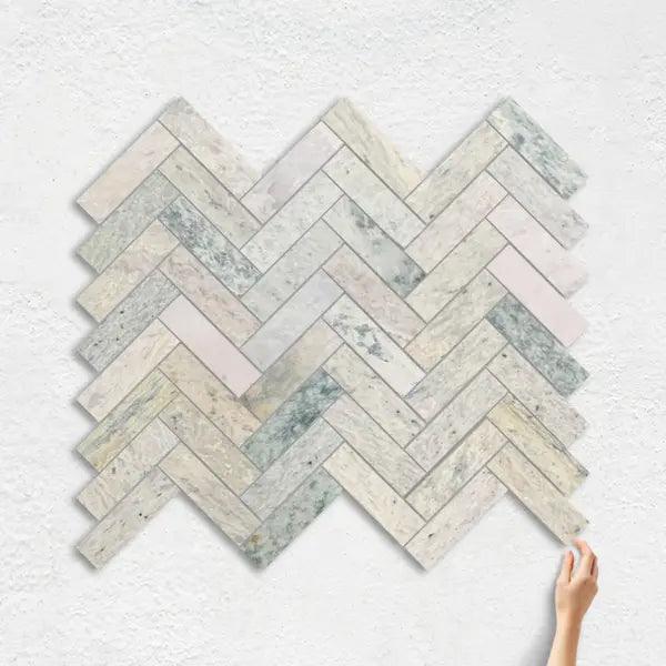NATURAL MARBLE MOSAIC HERRINGBONE 23X73 MING GREEN HONED - Tiles Mate