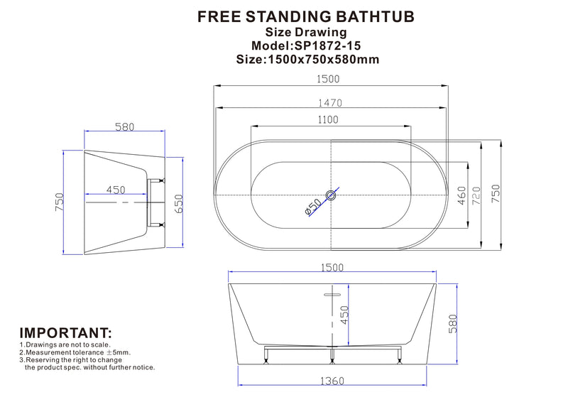 Serenique Classic Freestanding Bathtub 1500mm Gloss White