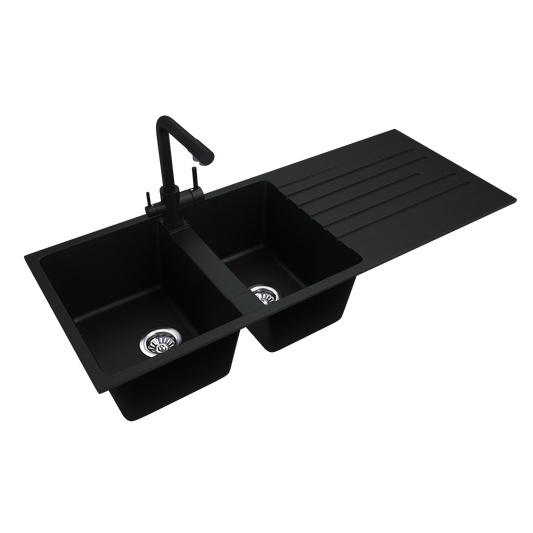 Anamalous Double Bowl Sink With Drainboard Matte Black