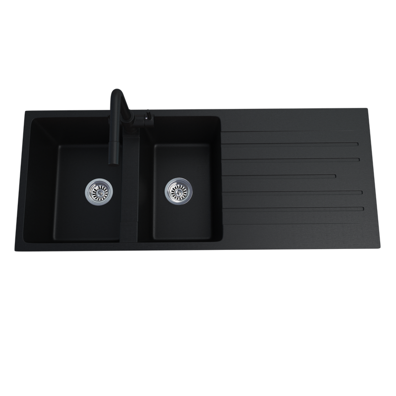 Anamalous Double Bowl Sink With Drainboard Matte Black