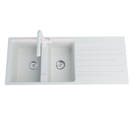 Anamalous Double Bowl Sink With Drainboard Matte White